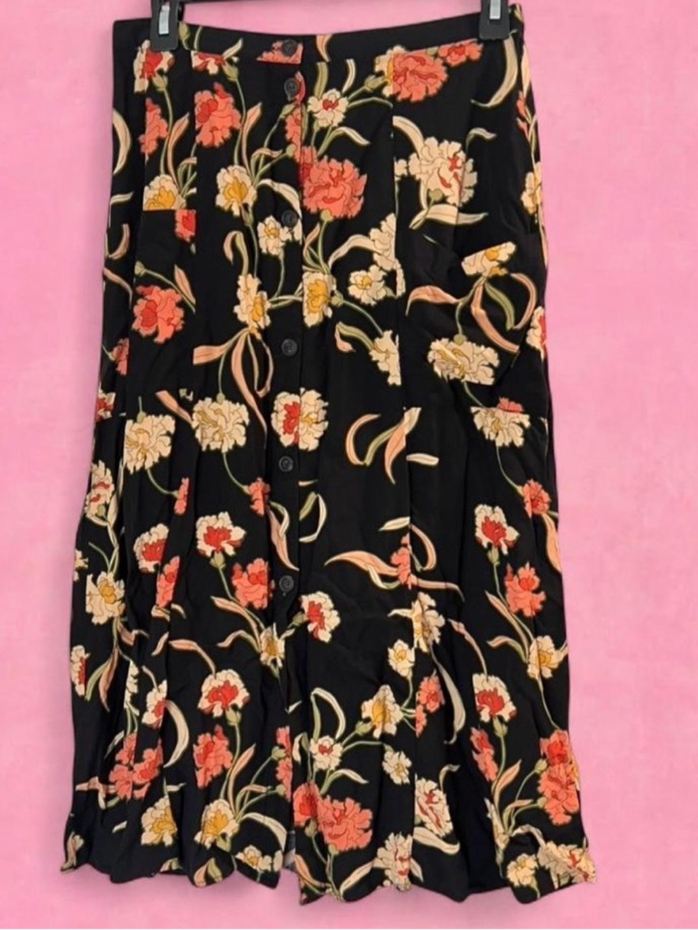 DR2 Black Floral Midi Skirt with Cream and Yellow Blooms